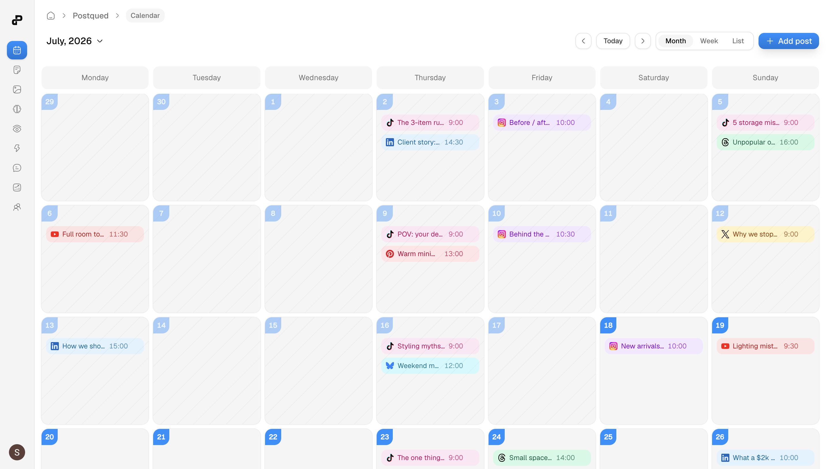 Postqued schedule calendar in month view with posts planned across TikTok, Instagram, LinkedIn, YouTube, and more