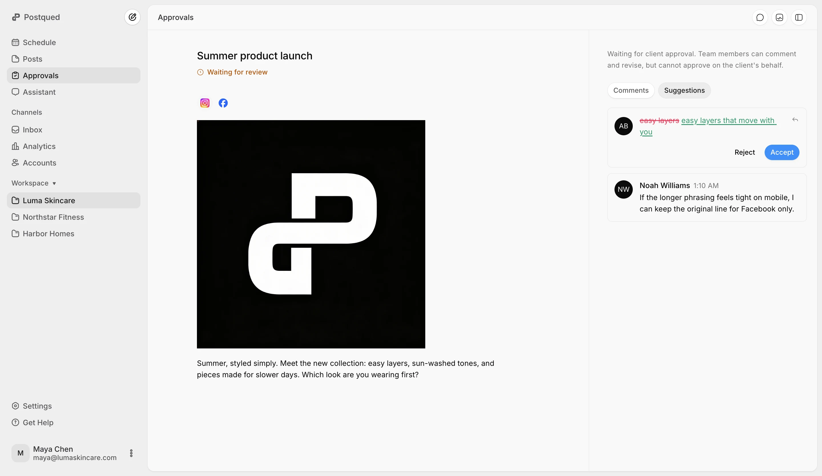 Postqued approval screen with a caption revision suggestion and reviewer comments attached to the post