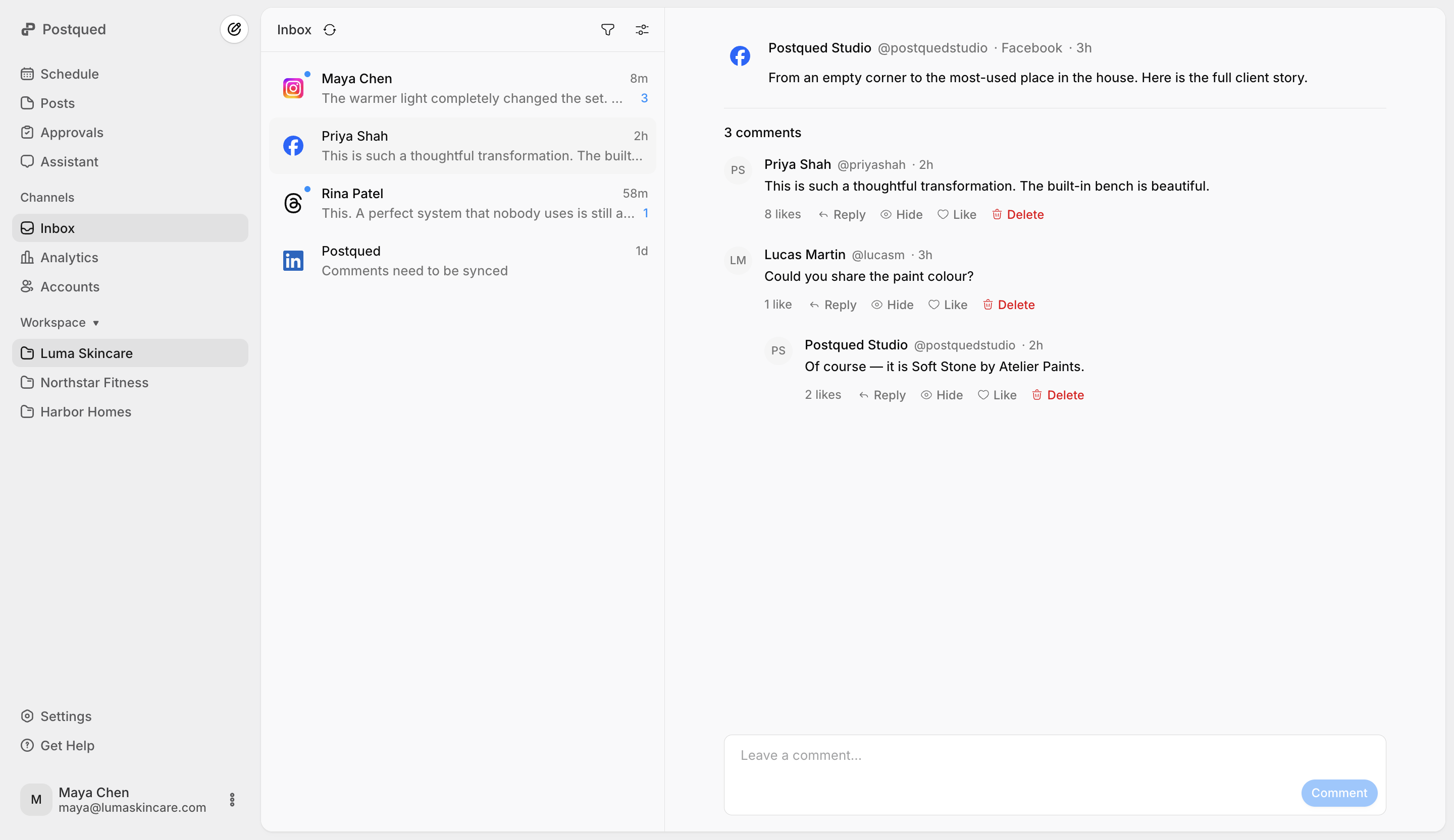 Postqued engagement inbox showing social comments and replies in one workspace